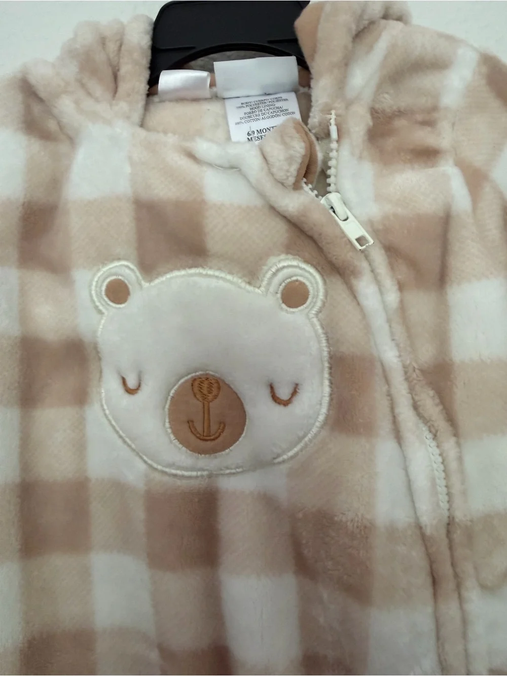 Mick Mack Baby Bear Fleece Footed Pram Suit Hooded Sleeper Gingham Tan 6-9M